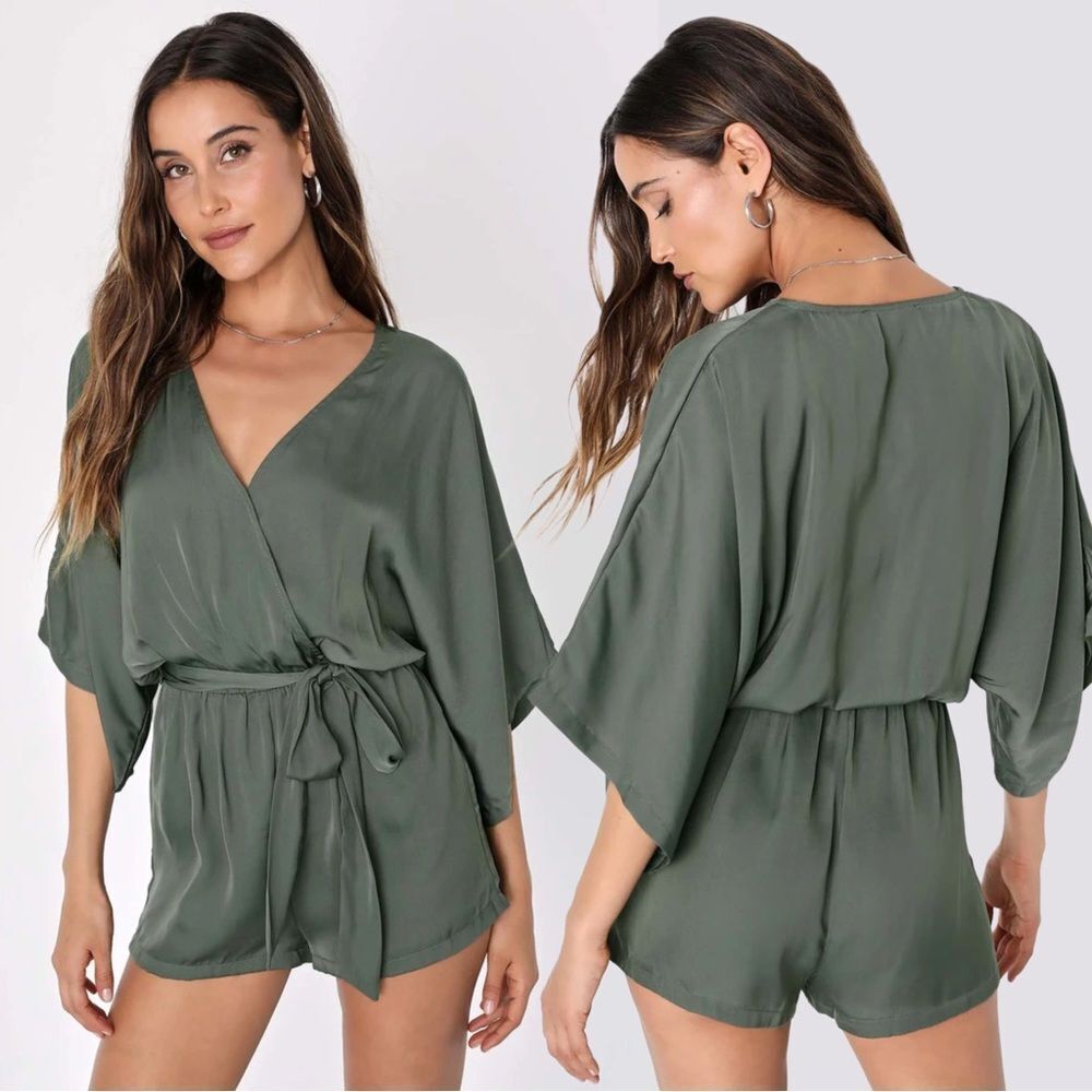 NWT Lulus Ain't It Grand Olive Green Satin Surplice Romper
